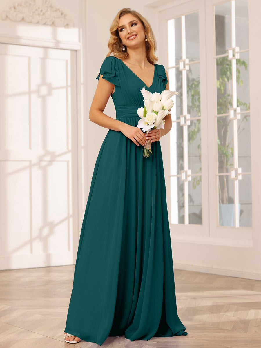 Ligne A/Princesse Col en V Manches Courtes Long Robes de Demoiselle d'Honneur avec Froufrous