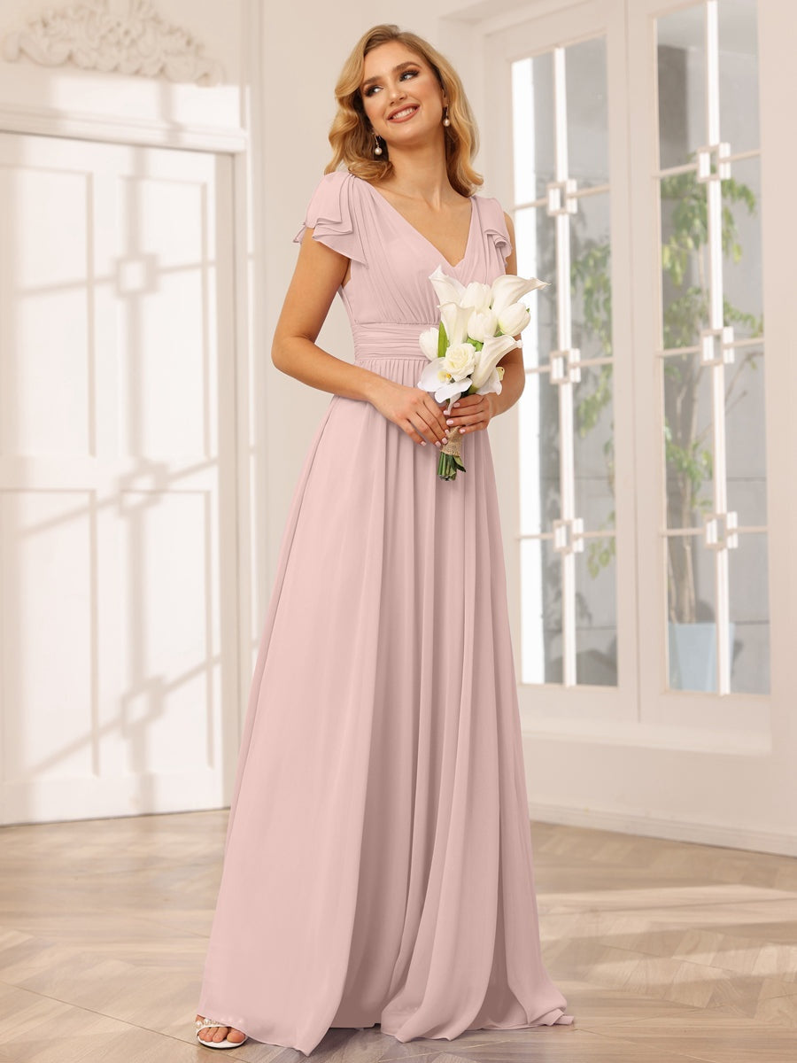 Ligne A/Princesse Col en V Manches Courtes Long Robes de Demoiselle d'Honneur avec Froufrous