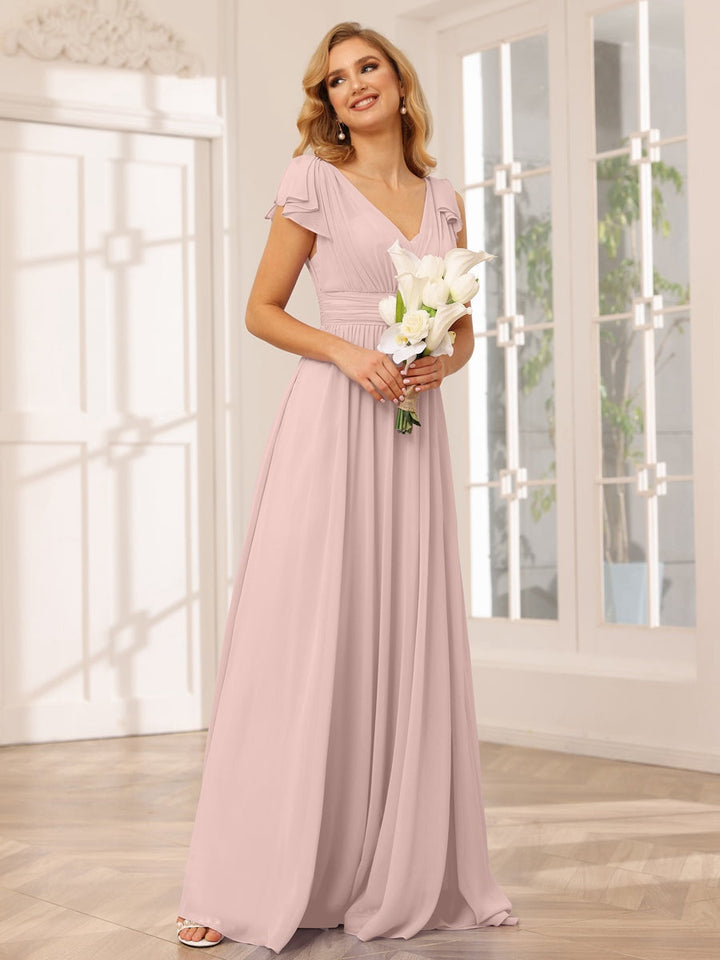 Ligne A/Princesse Col en V Manches Courtes Long Robes de Demoiselle d'Honneur avec Froufrous