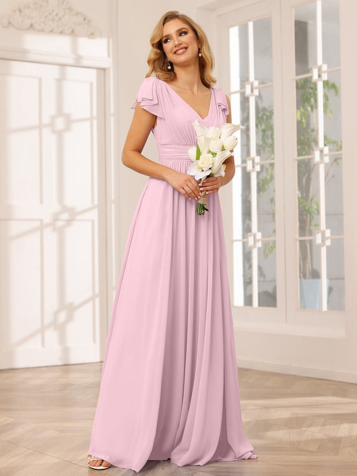 Ligne A/Princesse Col en V Manches Courtes Long Robes de Demoiselle d'Honneur avec Froufrous