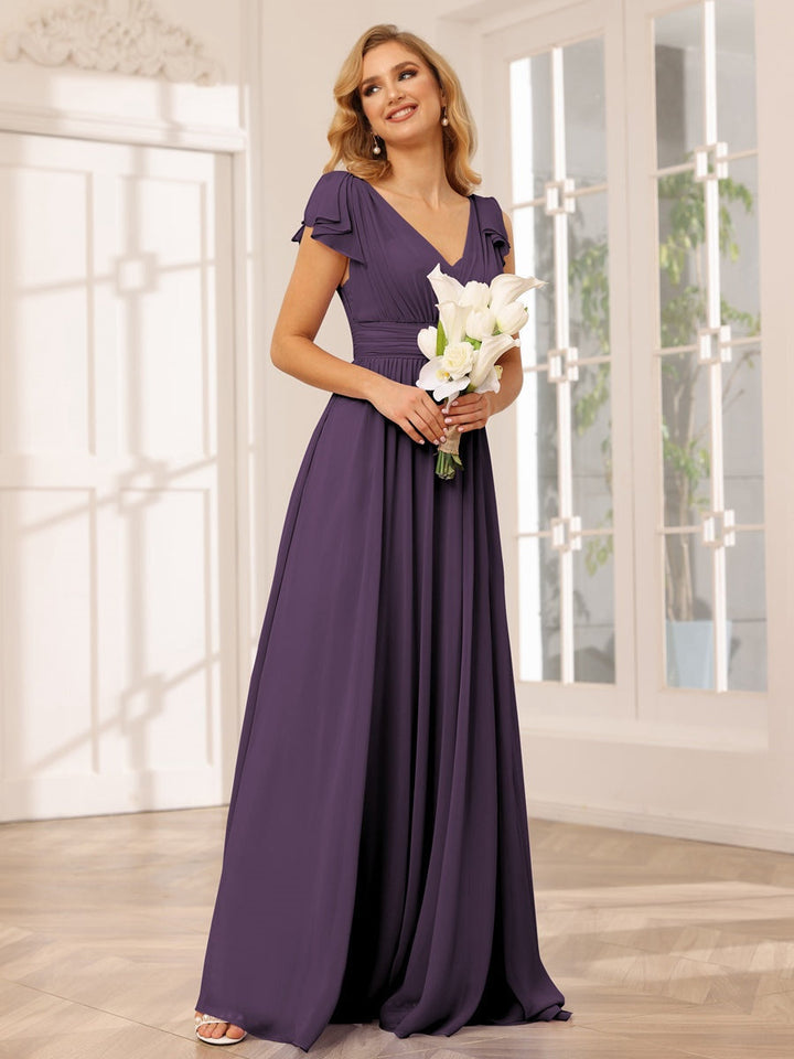 Ligne A/Princesse Col en V Manches Courtes Long Robes de Demoiselle d'Honneur avec Froufrous