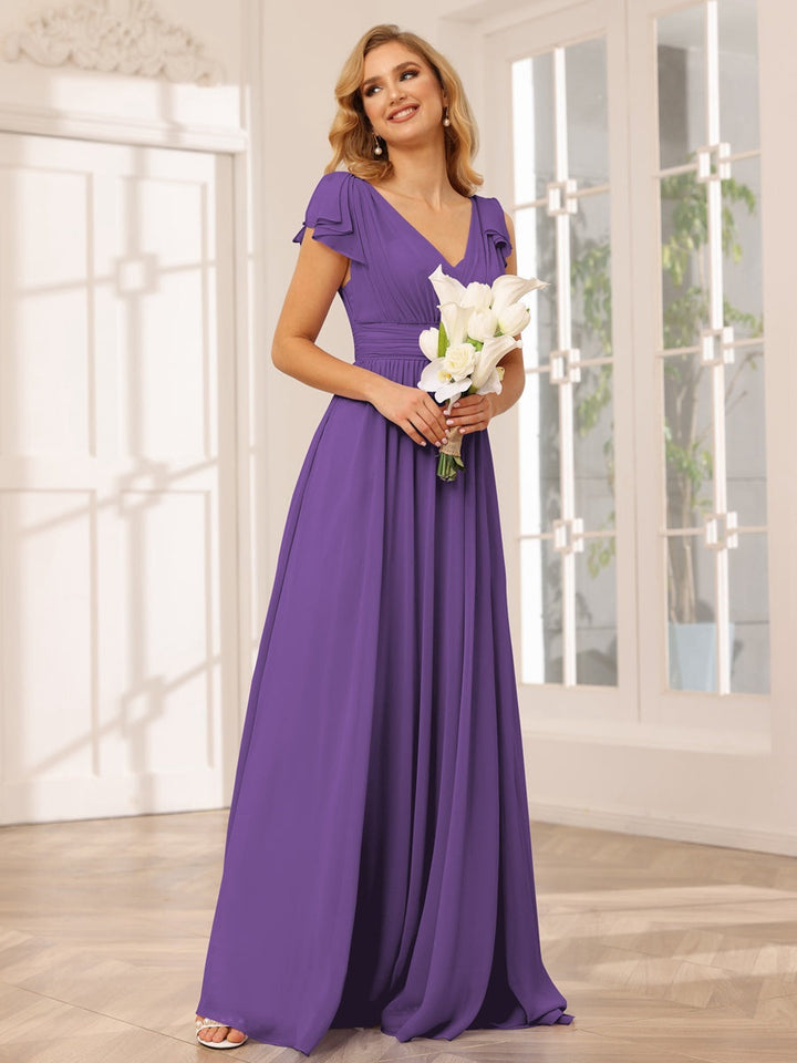 Ligne A/Princesse Col en V Manches Courtes Long Robes de Demoiselle d'Honneur avec Froufrous