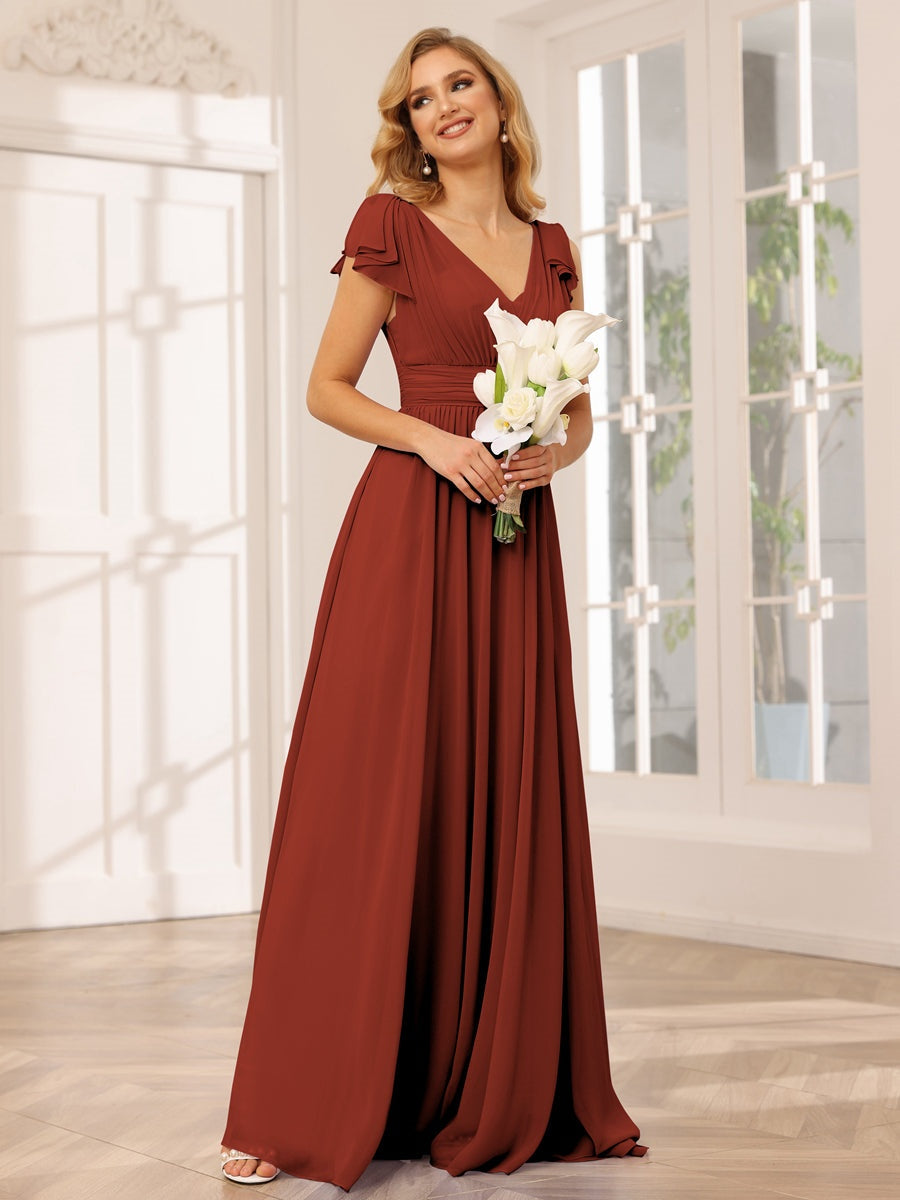 Ligne A/Princesse Col en V Manches Courtes Long Robes de Demoiselle d'Honneur avec Froufrous