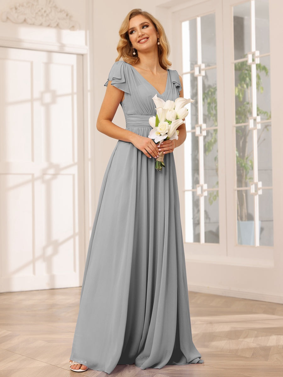 Ligne A/Princesse Col en V Manches Courtes Long Robes de Demoiselle d'Honneur avec Froufrous