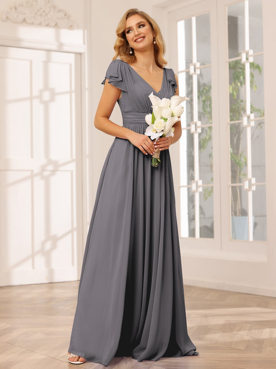 Ligne A/Princesse Col en V Manches Courtes Long Robes de Demoiselle d'Honneur avec Froufrous