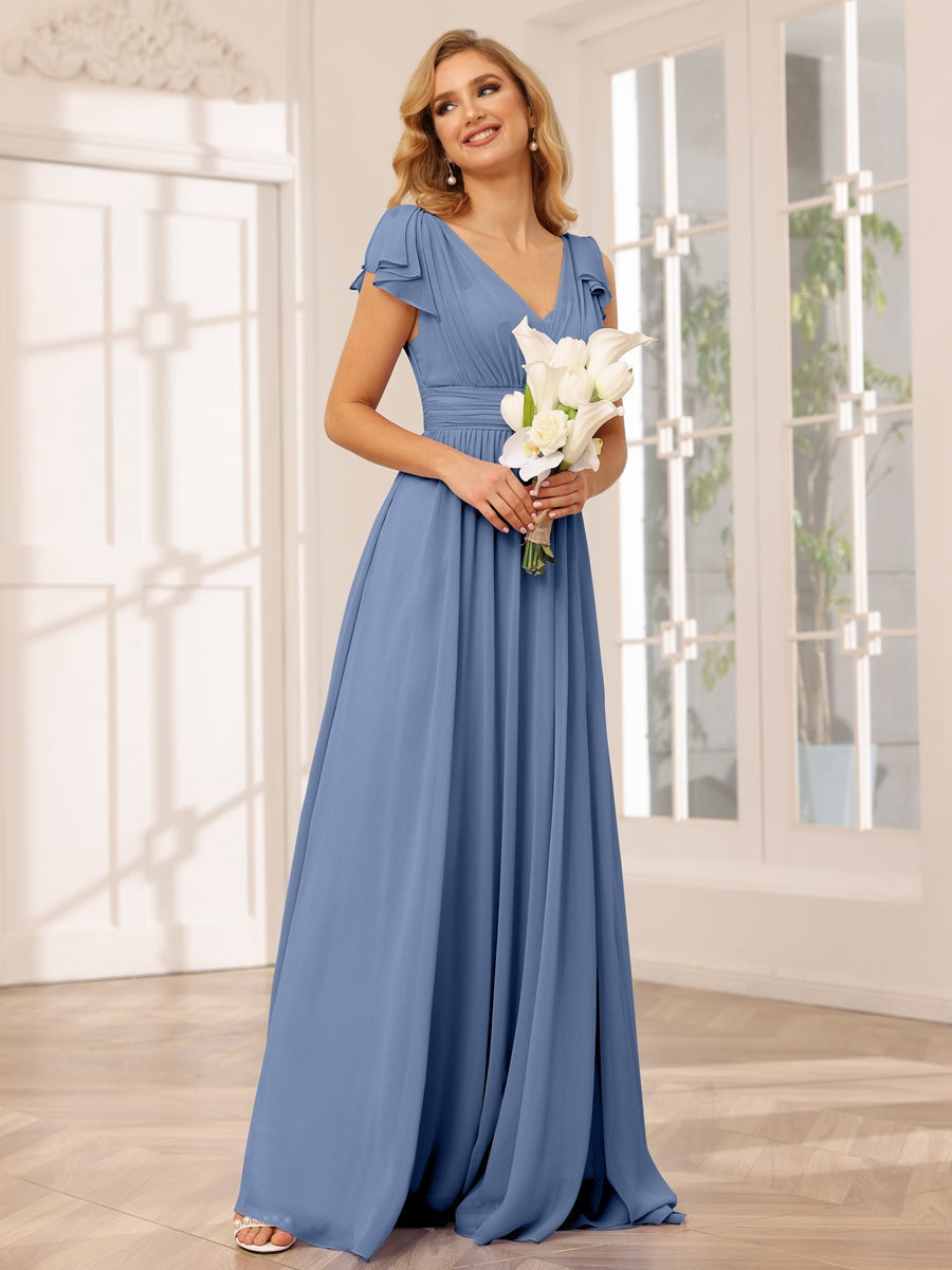 Ligne A/Princesse Col en V Manches Courtes Long Robes de Demoiselle d'Honneur avec Froufrous