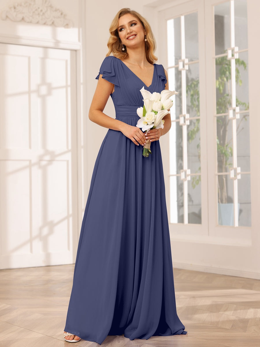 Ligne A/Princesse Col en V Manches Courtes Long Robes de Demoiselle d'Honneur avec Froufrous