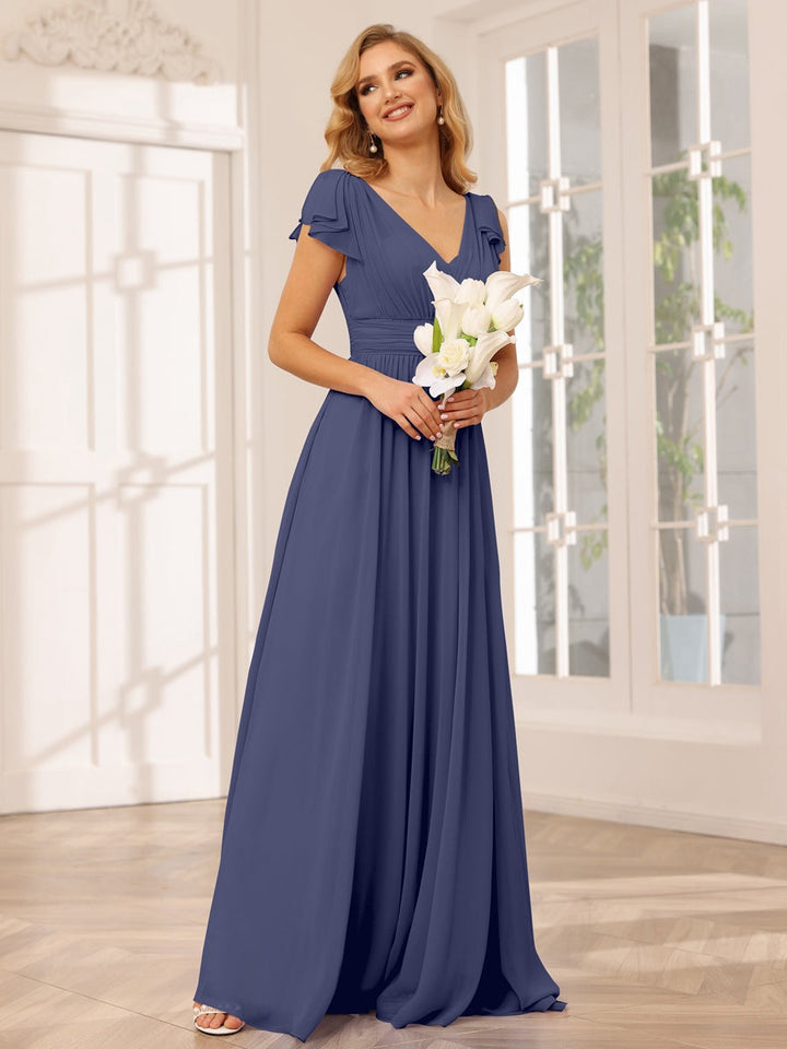 Ligne A/Princesse Col en V Manches Courtes Long Robes de Demoiselle d'Honneur avec Froufrous