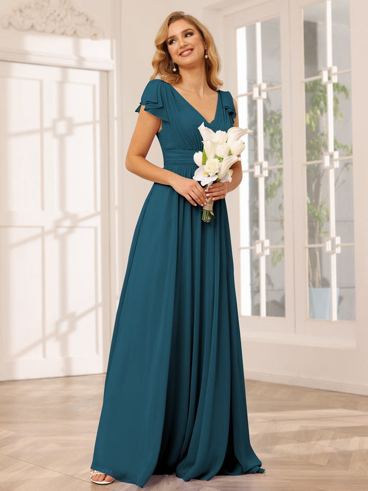 Ligne A/Princesse Col en V Manches Courtes Long Robes de Demoiselle d'Honneur avec Froufrous