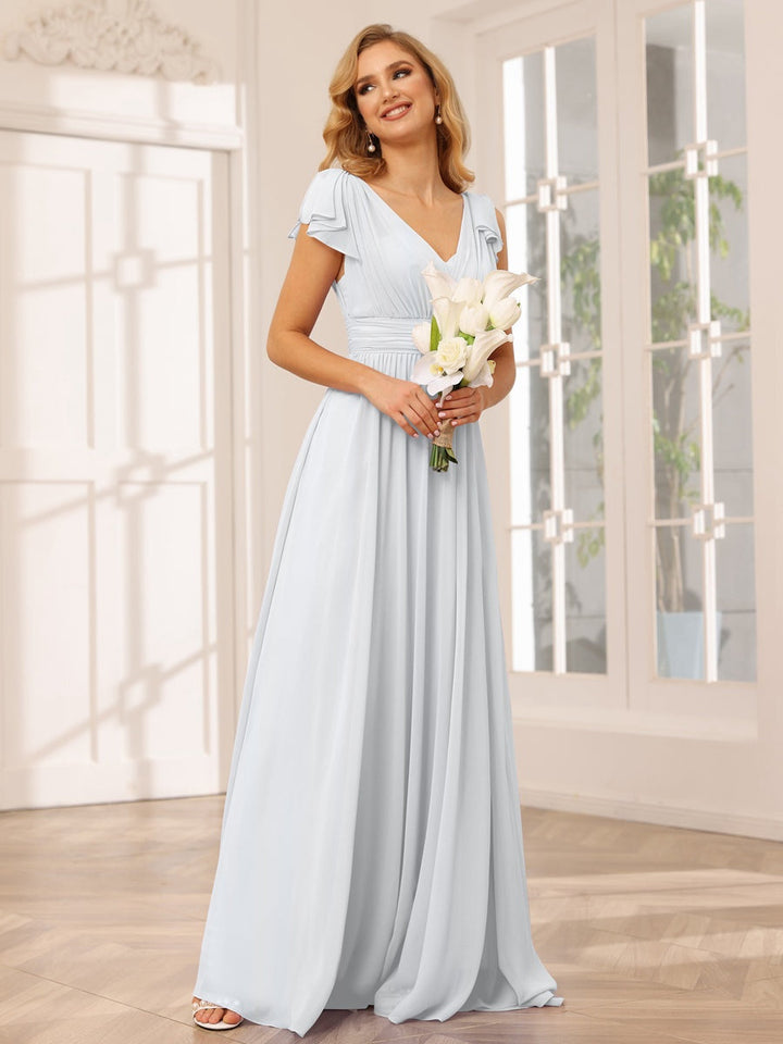 Ligne A/Princesse Col en V Manches Courtes Long Robes de Demoiselle d'Honneur avec Froufrous