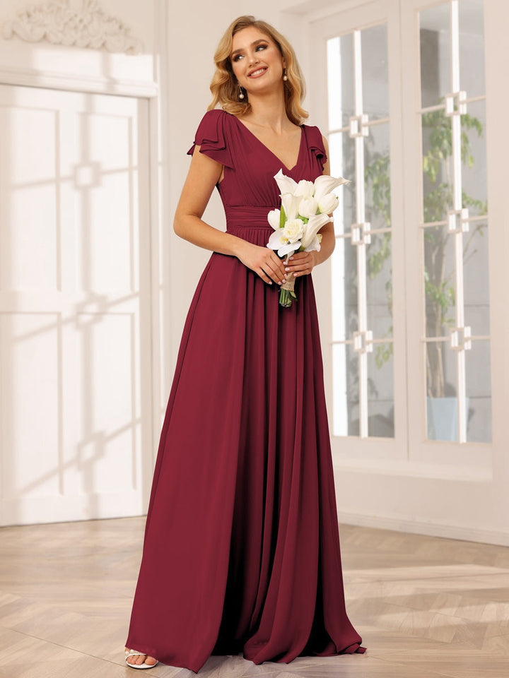 Ligne A/Princesse Col en V Manches Courtes Long Robes de Demoiselle d'Honneur avec Froufrous