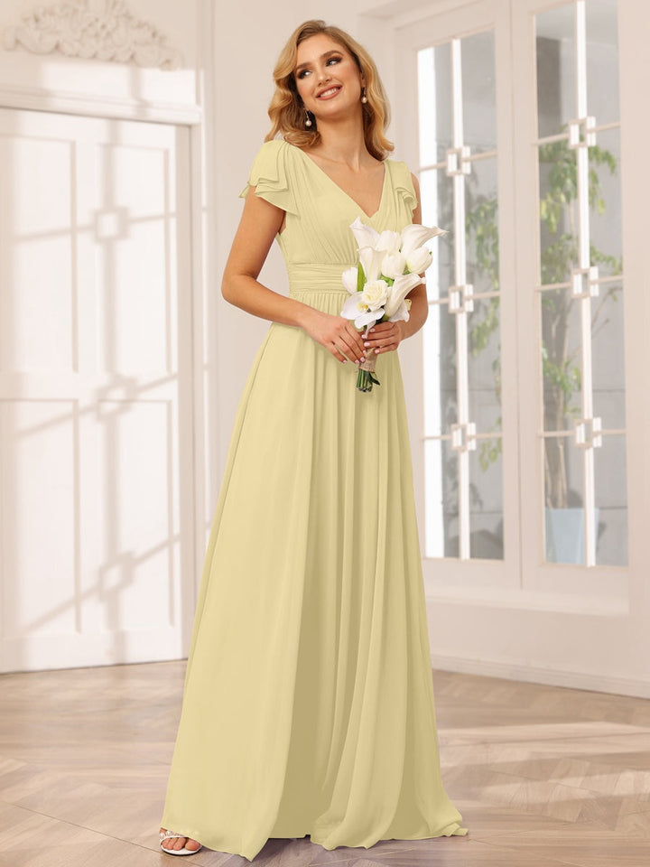 Ligne A/Princesse Col en V Manches Courtes Long Robes de Demoiselle d'Honneur avec Froufrous