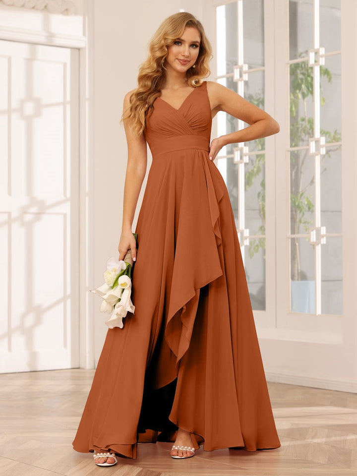 Ligne A/Princesse Col en V Sans Manches La Longueur du Sol Asymétrique Robes de Demoiselle d'Honneur avec Froufrous