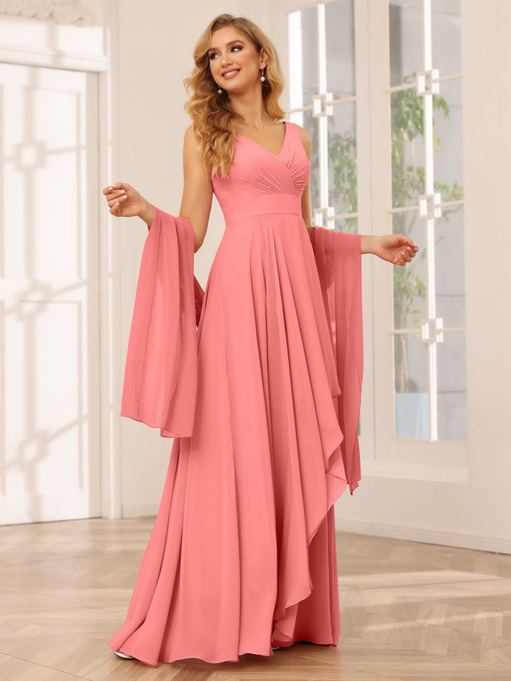 Ligne A/Princesse Col en V Sans Manches La Longueur du Sol Asymétrique Robes de Demoiselle d'Honneur avec Froufrous