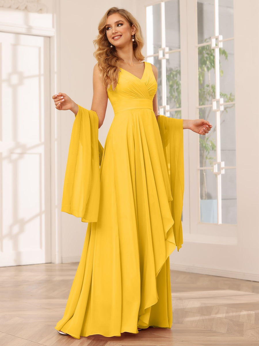 Ligne A/Princesse Col en V Sans Manches La Longueur du Sol Asymétrique Robes de Demoiselle d'Honneur avec Froufrous