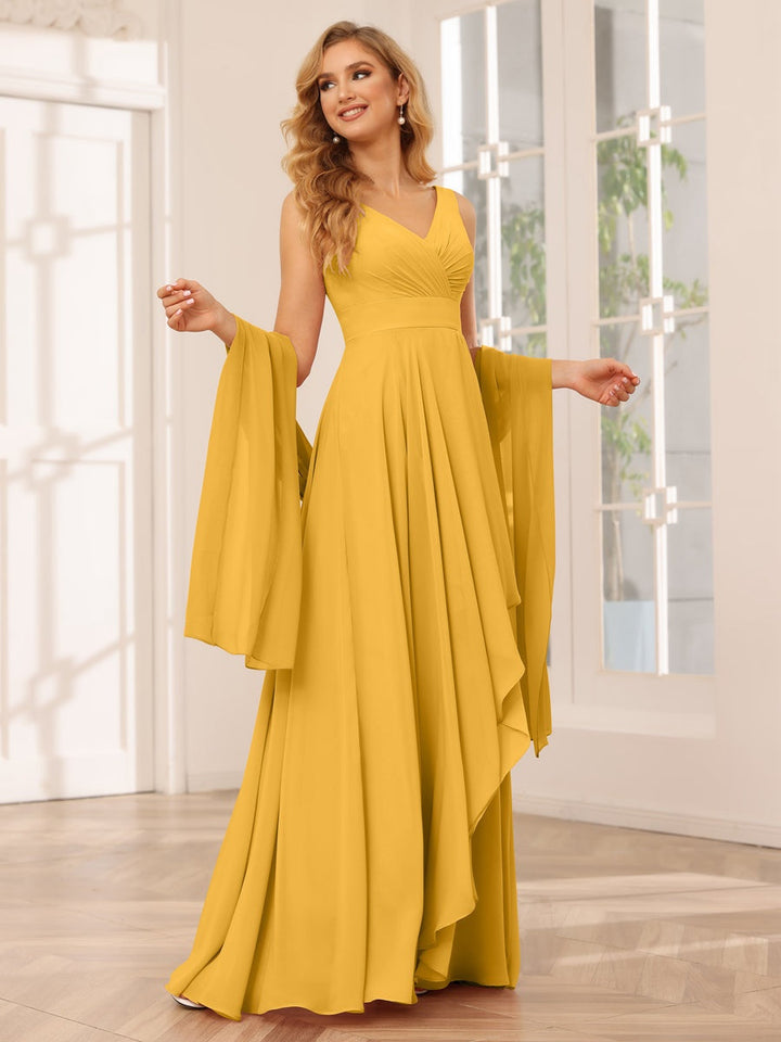 Ligne A/Princesse Col en V Sans Manches La Longueur du Sol Asymétrique Robes de Demoiselle d'Honneur avec Froufrous