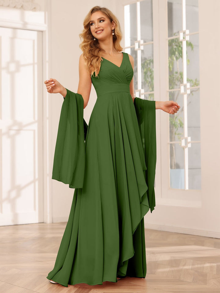 Ligne A/Princesse Col en V Sans Manches La Longueur du Sol Asymétrique Robes de Demoiselle d'Honneur avec Froufrous