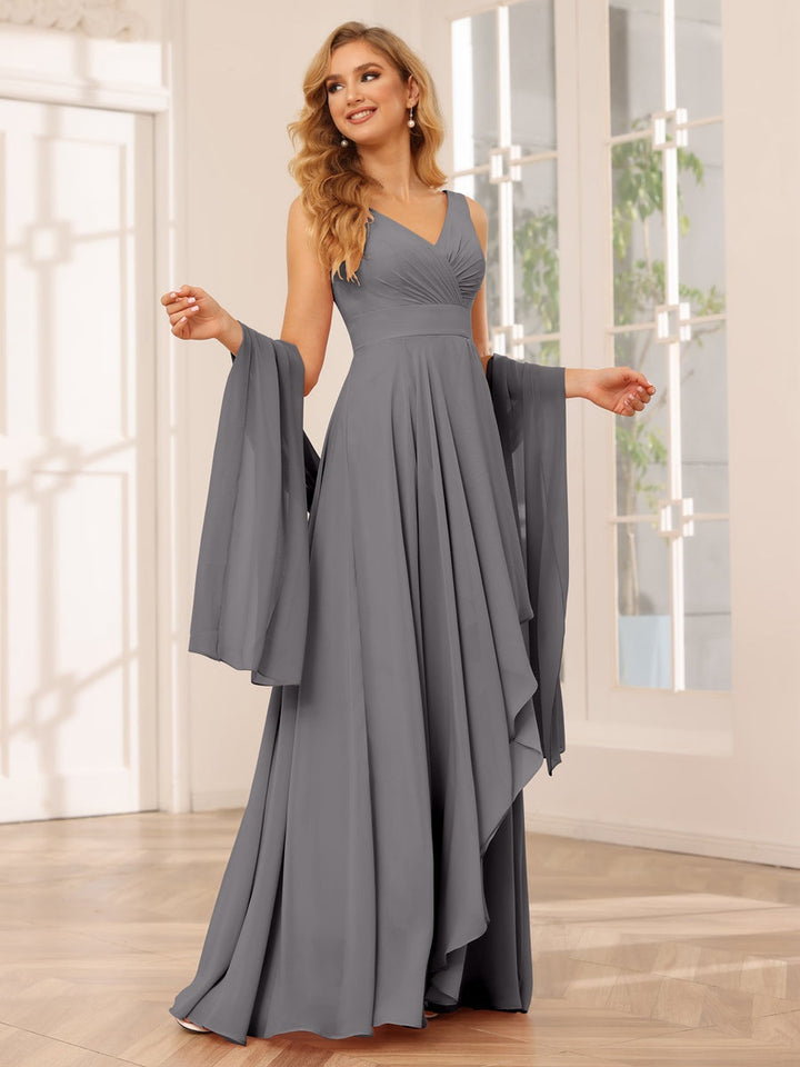 Ligne A/Princesse Col en V Sans Manches La Longueur du Sol Asymétrique Robes de Demoiselle d'Honneur avec Froufrous