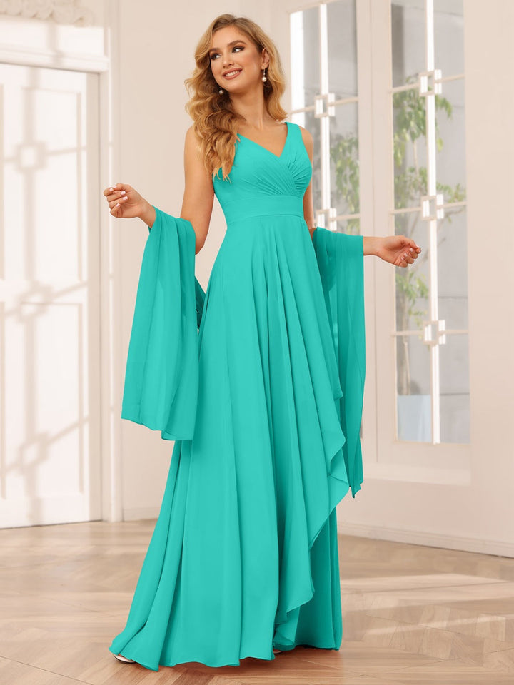 Ligne A/Princesse Col en V Sans Manches La Longueur du Sol Asymétrique Robes de Demoiselle d'Honneur avec Froufrous