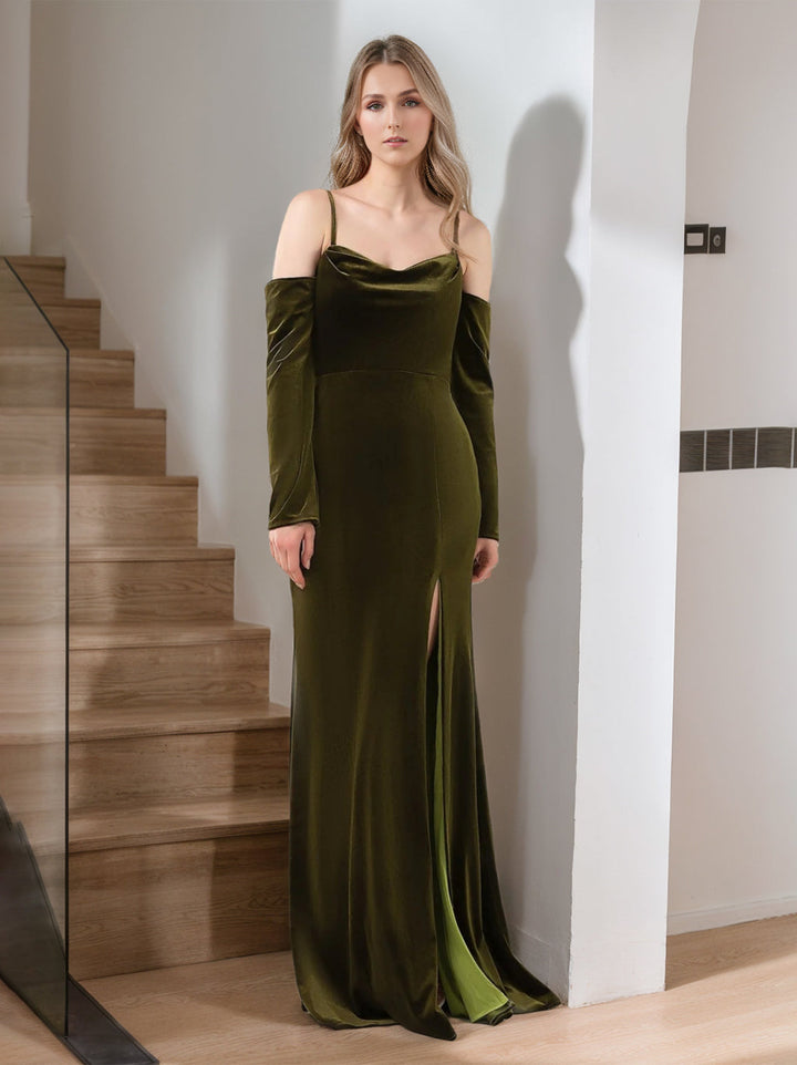 Ligne A/Princesse Bretelles Spaghetti Sans Manches La Longueur du Sol Velours Unique Robes de Demoiselle d'Honneur avec Côté Divisé