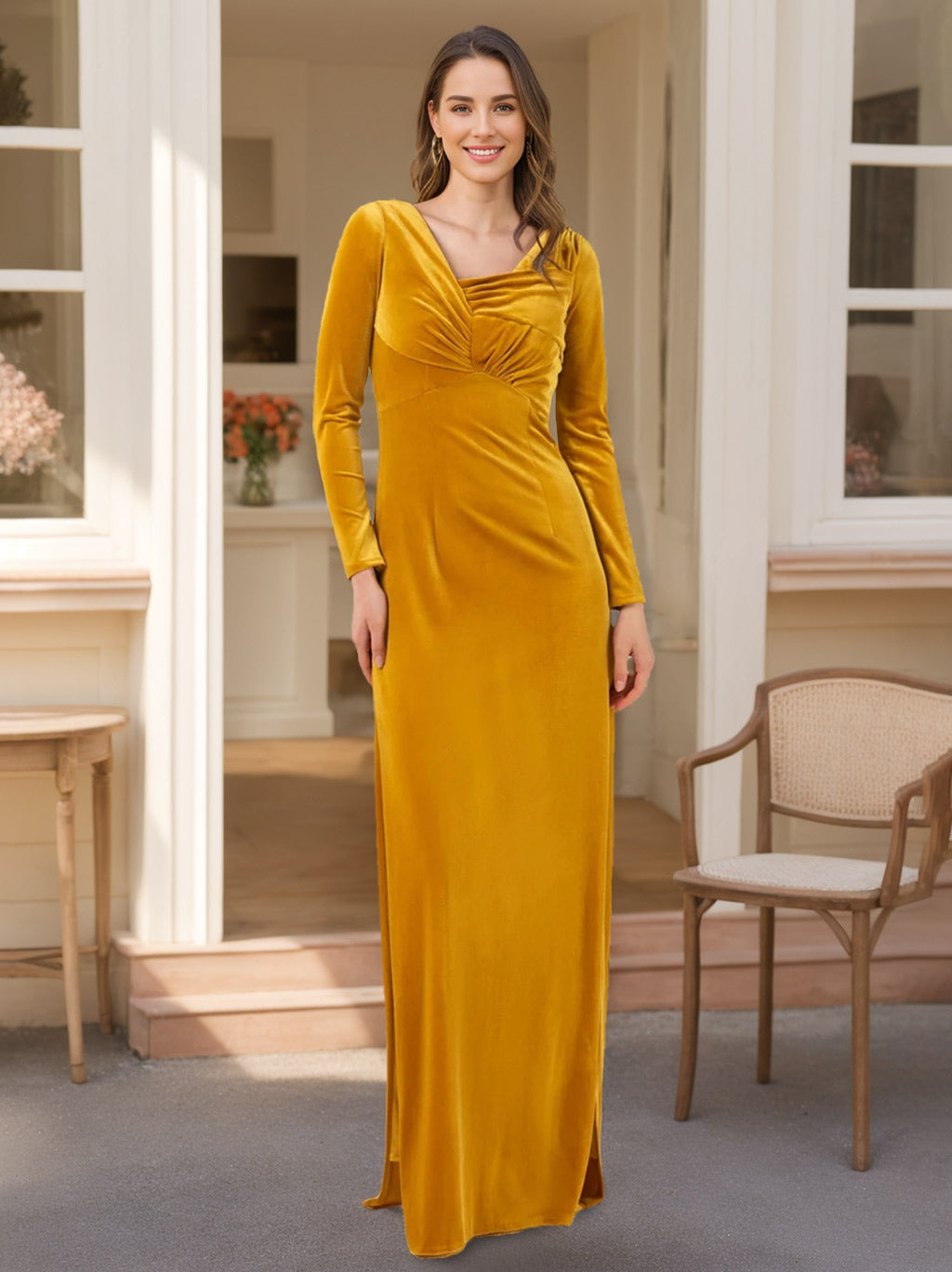 Ligne A/Princesse Manches Longues La Longueur du Sol Velours Robes de Demoiselle d'Honneur avec Froufrous