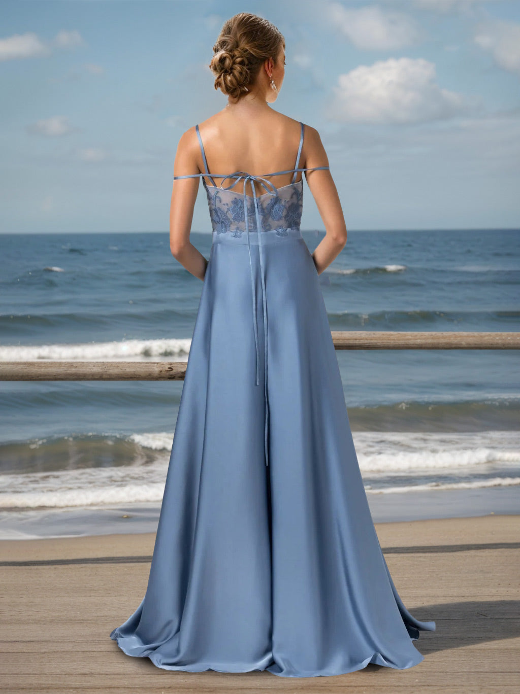 Ligne A/Princesse Bretelles Spaghetti Sans Manches La Longueur du Sol Unique Robes de Demoiselle d'Honneur avec Côté Divisé, Dentelle & Appliques