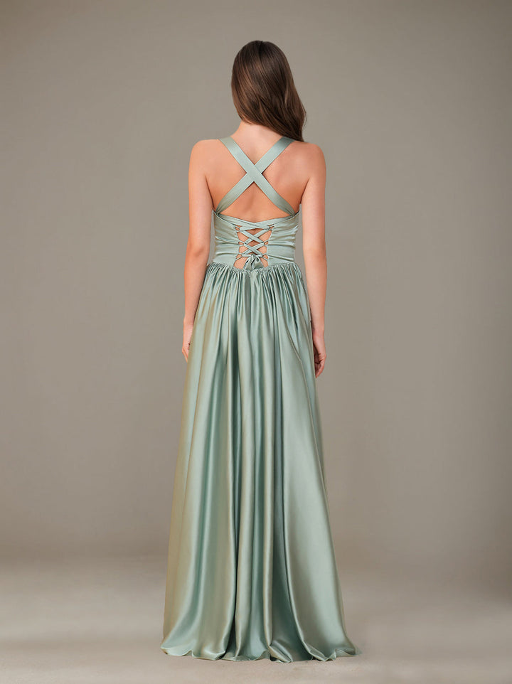 Ligne A/Princesse Chérie Sans Manches La Longueur du Sol Satin de Soie Robes de Demoiselle d'Honneur avec Pleated & Côté Divisé