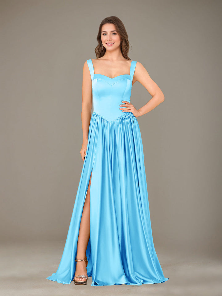 Ligne A/Princesse Chérie Sans Manches La Longueur du Sol Satin de Soie Robes de Demoiselle d'Honneur avec Pleated & Côté Divisé