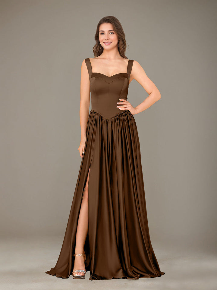 Ligne A/Princesse Chérie Sans Manches La Longueur du Sol Satin de Soie Robes de Demoiselle d'Honneur avec Pleated & Côté Divisé