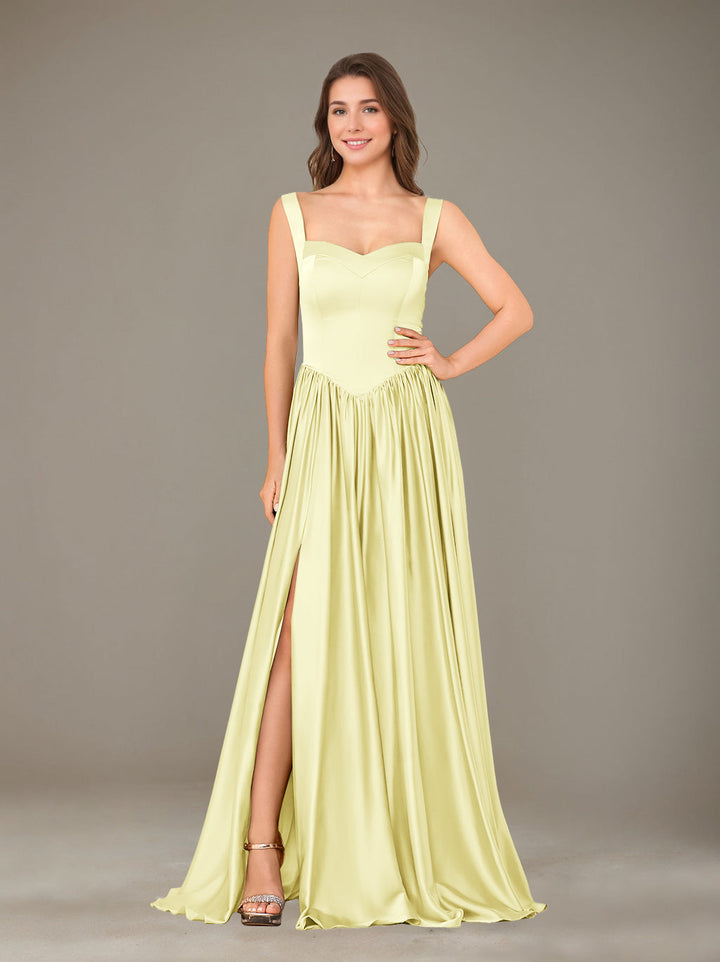 Ligne A/Princesse Chérie Sans Manches La Longueur du Sol Satin de Soie Robes de Demoiselle d'Honneur avec Pleated & Côté Divisé