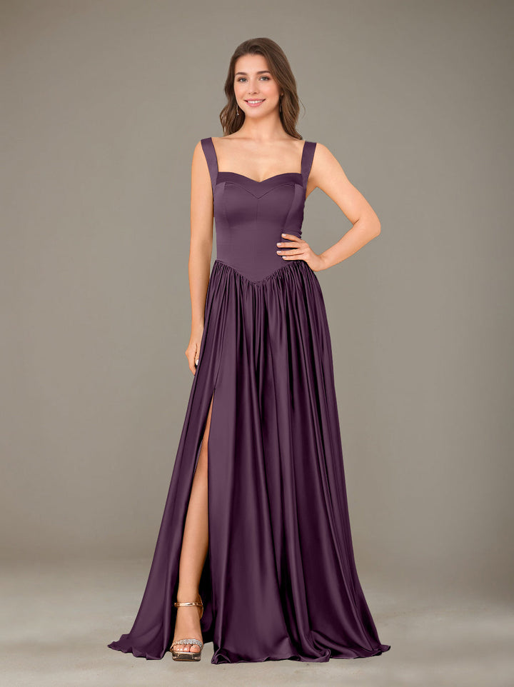 Ligne A/Princesse Chérie Sans Manches La Longueur du Sol Satin de Soie Robes de Demoiselle d'Honneur avec Pleated & Côté Divisé