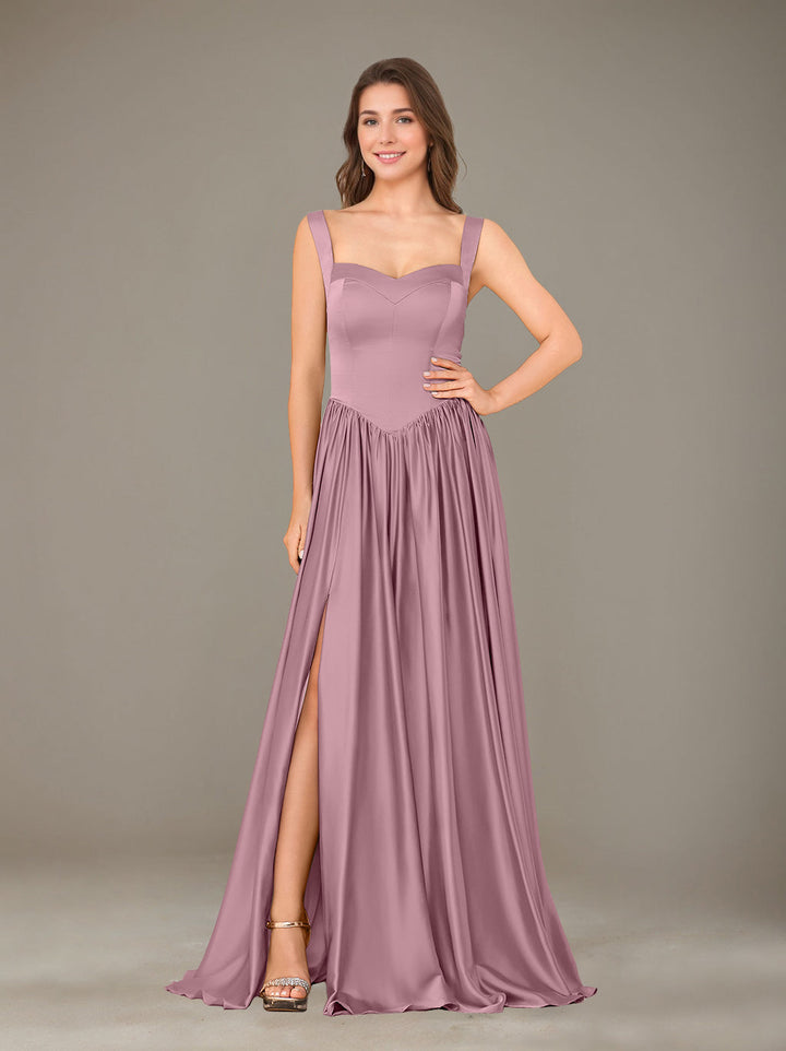Ligne A/Princesse Chérie Sans Manches La Longueur du Sol Satin de Soie Robes de Demoiselle d'Honneur avec Pleated & Côté Divisé