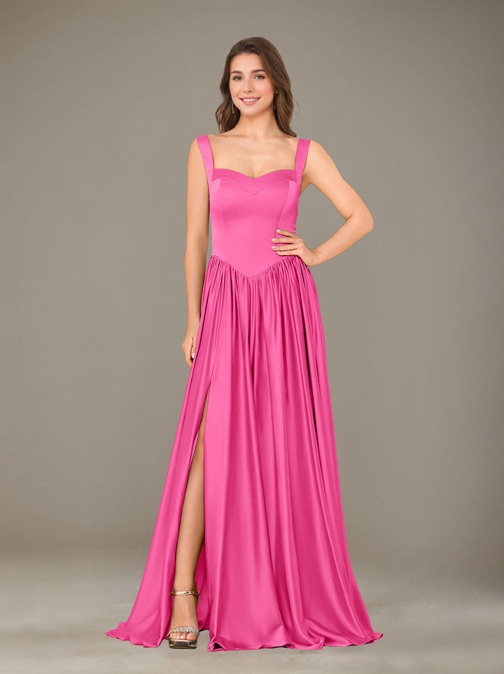Ligne A/Princesse Chérie Sans Manches La Longueur du Sol Satin de Soie Robes de Demoiselle d'Honneur avec Pleated & Côté Divisé