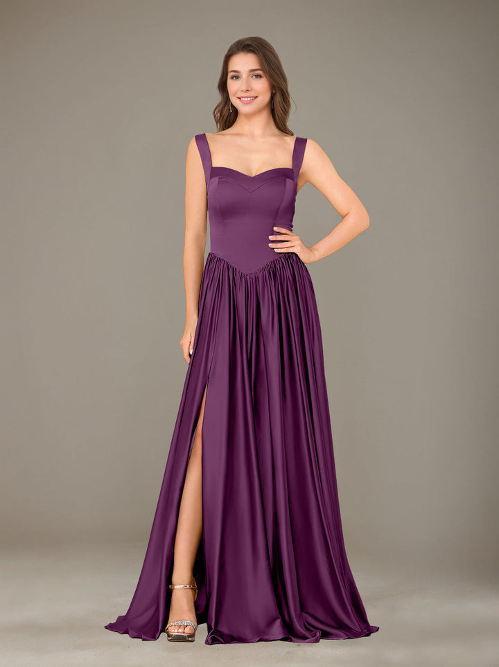 Ligne A/Princesse Chérie Sans Manches La Longueur du Sol Satin de Soie Robes de Demoiselle d'Honneur avec Pleated & Côté Divisé