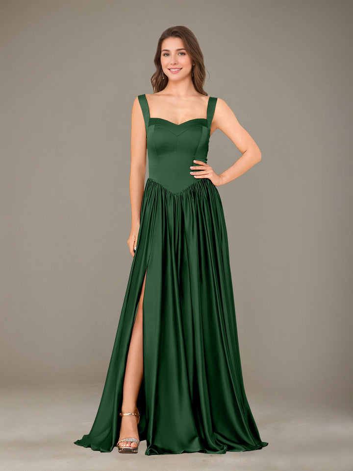 Ligne A/Princesse Chérie Sans Manches La Longueur du Sol Satin de Soie Robes de Demoiselle d'Honneur avec Pleated & Côté Divisé