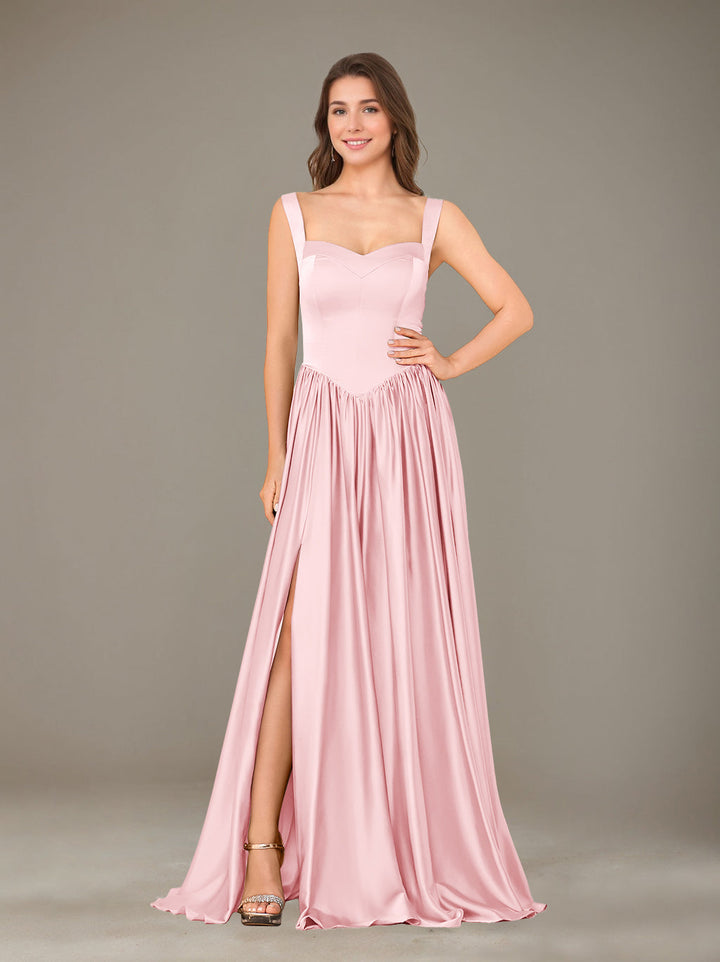 Ligne A/Princesse Chérie Sans Manches La Longueur du Sol Satin de Soie Robes de Demoiselle d'Honneur avec Pleated & Côté Divisé