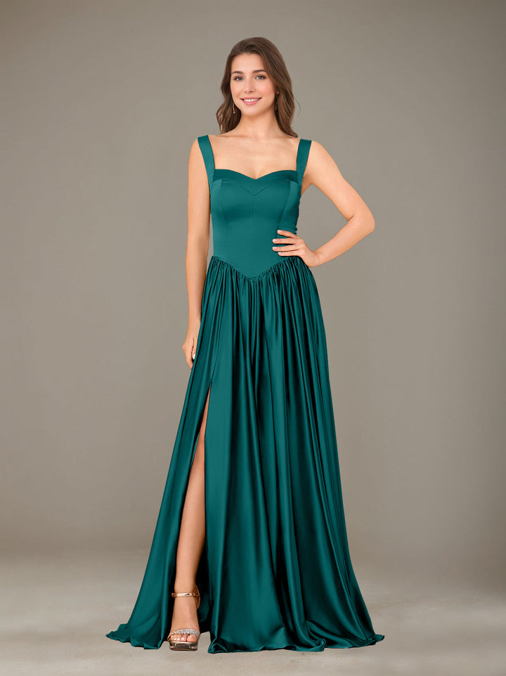 Ligne A/Princesse Chérie Sans Manches La Longueur du Sol Satin de Soie Robes de Demoiselle d'Honneur avec Pleated & Côté Divisé
