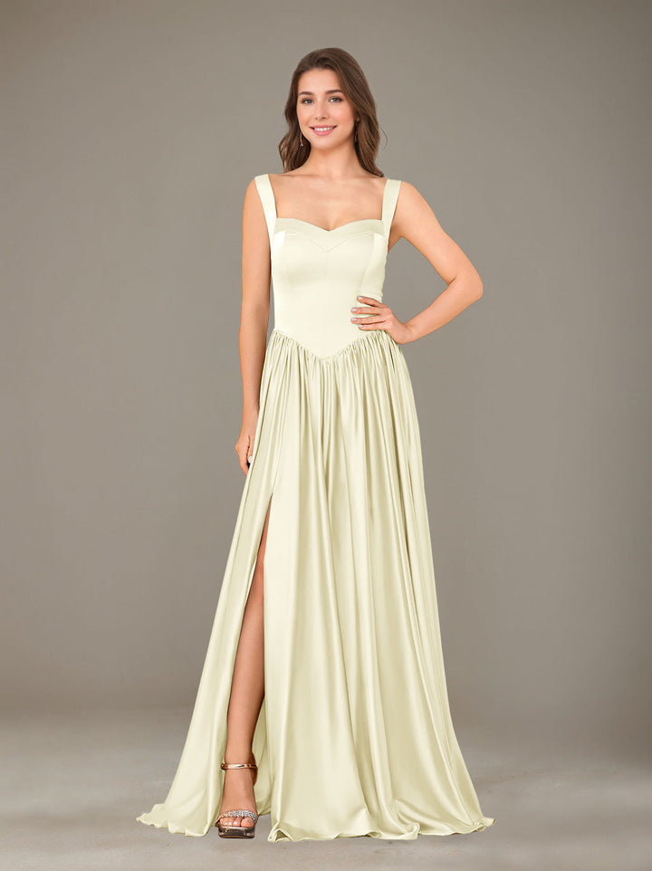 Ligne A/Princesse Chérie Sans Manches La Longueur du Sol Satin de Soie Robes de Demoiselle d'Honneur avec Pleated & Côté Divisé