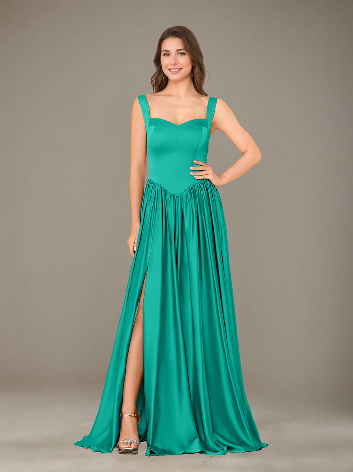 Ligne A/Princesse Chérie Sans Manches La Longueur du Sol Satin de Soie Robes de Demoiselle d'Honneur avec Pleated & Côté Divisé