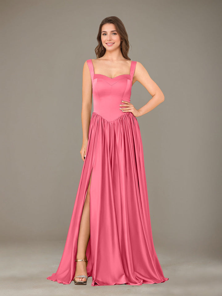 Ligne A/Princesse Chérie Sans Manches La Longueur du Sol Satin de Soie Robes de Demoiselle d'Honneur avec Pleated & Côté Divisé