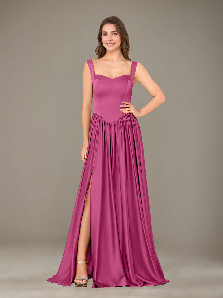 Ligne A/Princesse Chérie Sans Manches La Longueur du Sol Satin de Soie Robes de Demoiselle d'Honneur avec Pleated & Côté Divisé