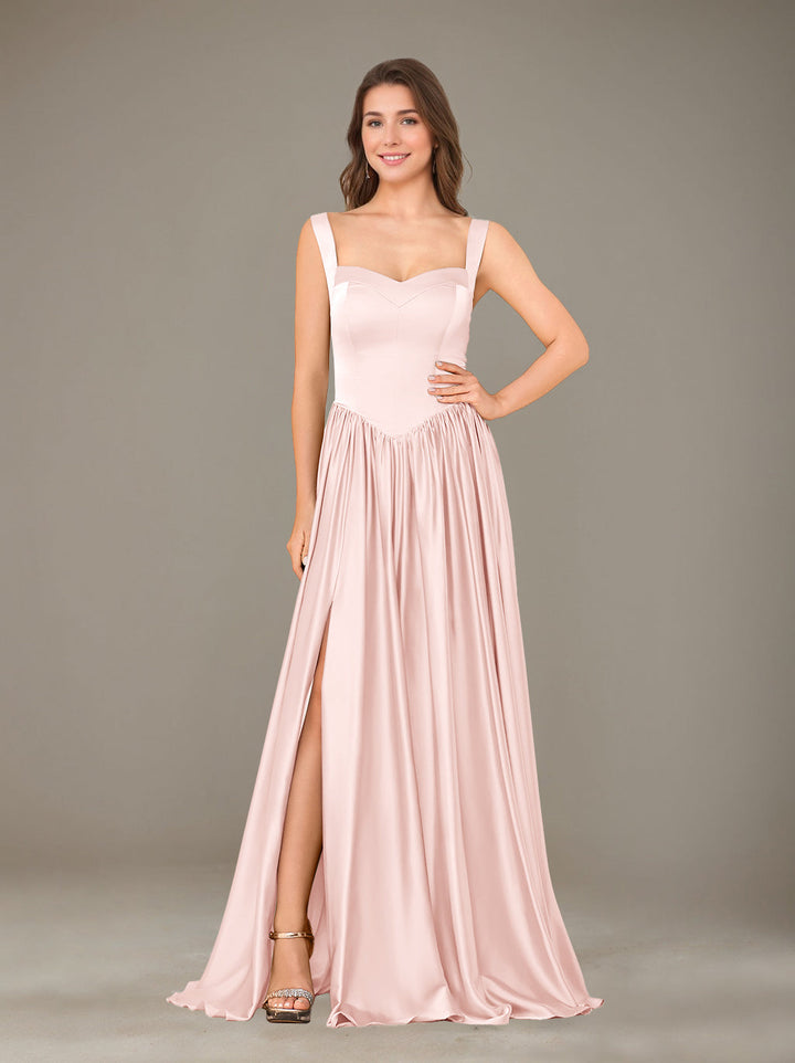 Ligne A/Princesse Chérie Sans Manches La Longueur du Sol Satin de Soie Robes de Demoiselle d'Honneur avec Pleated & Côté Divisé