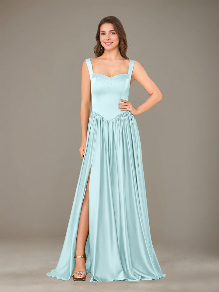 Ligne A/Princesse Chérie Sans Manches La Longueur du Sol Satin de Soie Robes de Demoiselle d'Honneur avec Pleated & Côté Divisé