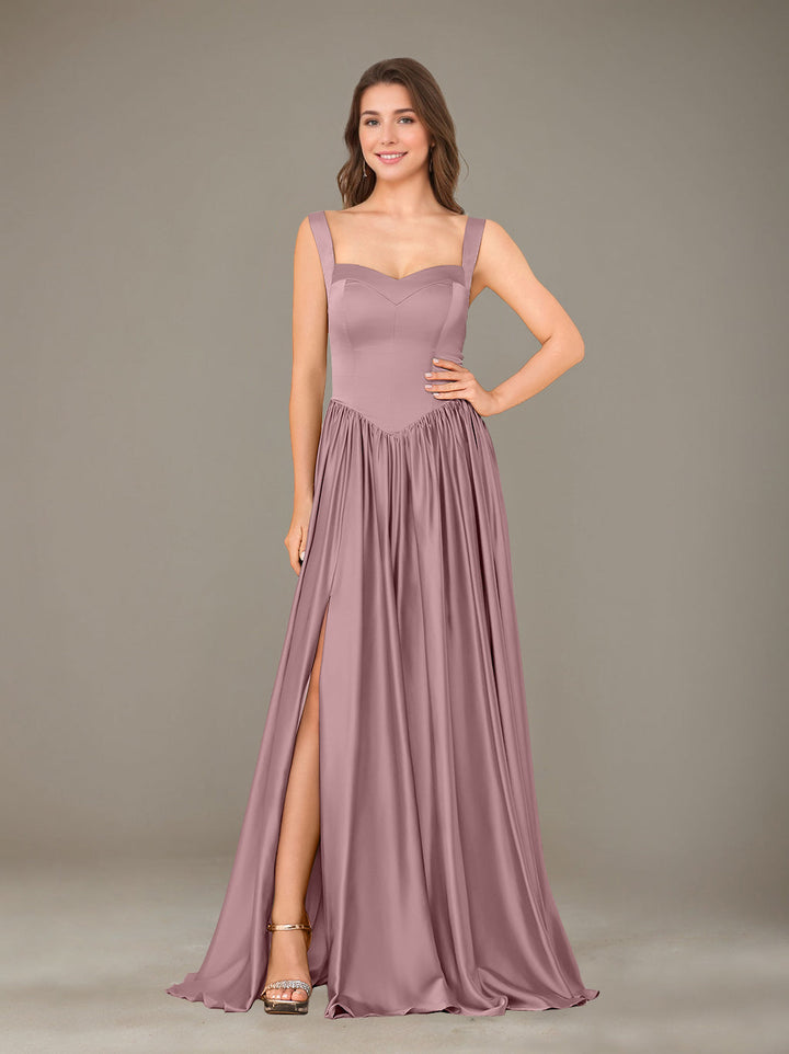 Ligne A/Princesse Chérie Sans Manches La Longueur du Sol Satin de Soie Robes de Demoiselle d'Honneur avec Pleated & Côté Divisé