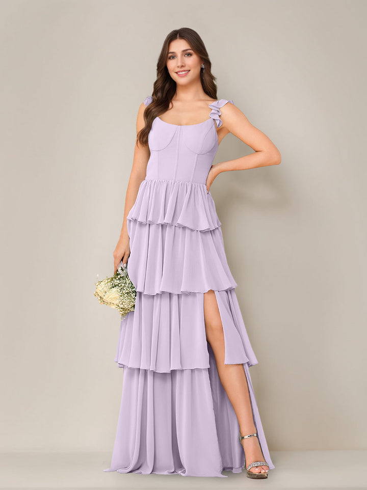 Ligne A/Princesse Scoop Neck Sans Manches La Longueur du Sol Robe de Demoiselle d'Honneur avec Froufrous & Côté Divisé