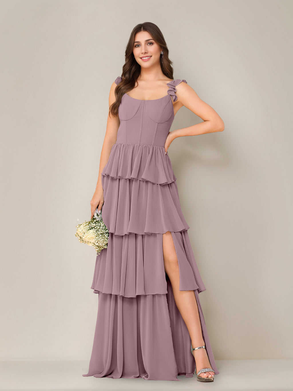 Ligne A/Princesse Scoop Neck Sans Manches La Longueur du Sol Robe de Demoiselle d'Honneur avec Froufrous & Côté Divisé