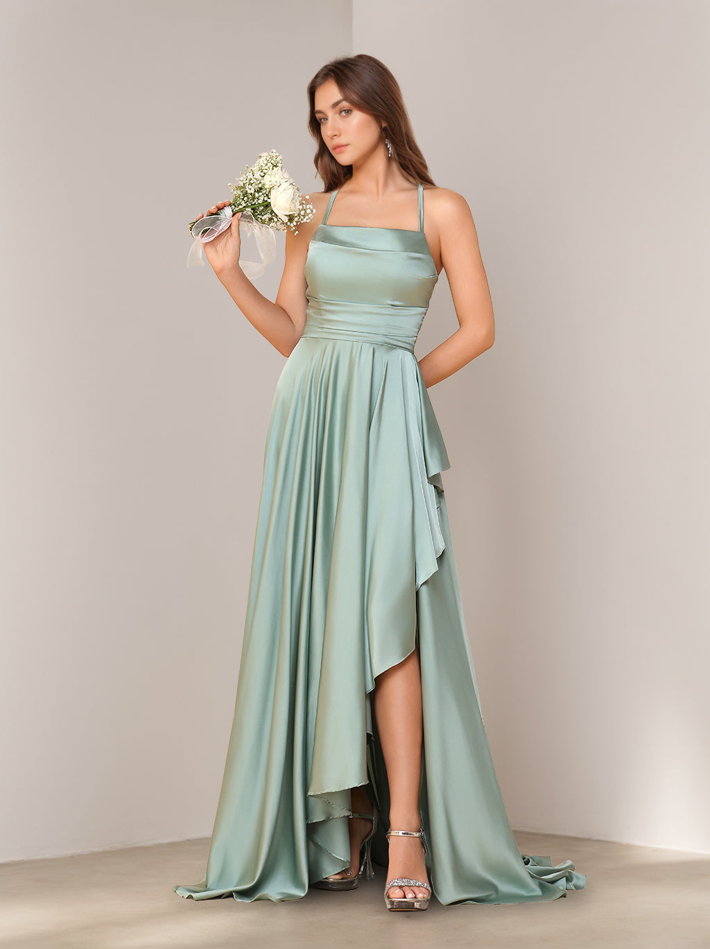 Ligne A/Princesse Bretelles Spaghetti Sans Manches Asymétrique Robes de Demoiselle d'Honneur avec Côté Divisé