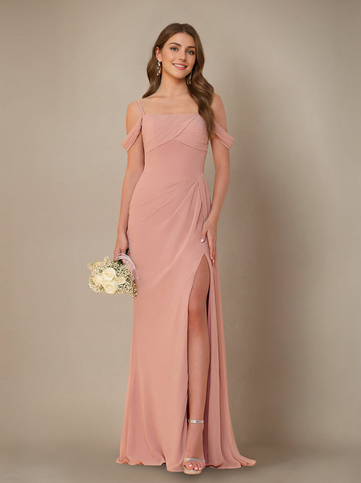 Gaine/Colonne Hors de l'Épaule Bretelles Spaghetti La Longueur du Sol Robe de Demoiselle d'Honneur avec Froufrous & Côté Divisé