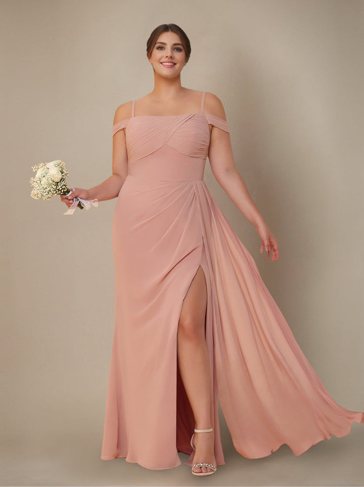 Gaine/Colonne Hors de l'Épaule Bretelles Spaghetti La Longueur du Sol Robe de Demoiselle d'Honneur avec Froufrous & Côté Divisé