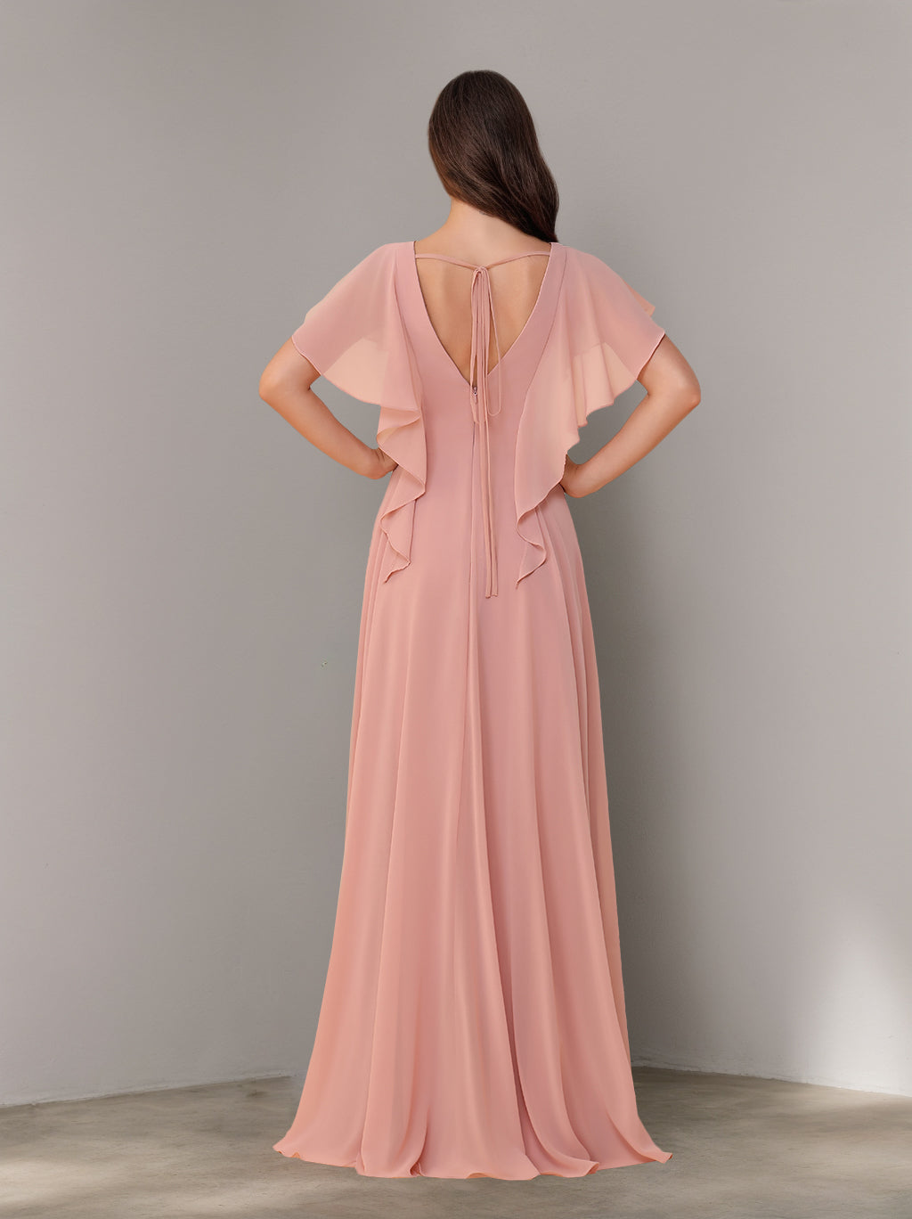 Ligne A/Princesse Col en V Manches Courtes Mousseline La Longueur du Sol Robes de Demoiselle d'Honneur avec Côté Divisé & Ruché